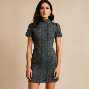 ANNELORE Textured Jacquard Mini Dress with Mock Neck & Sculpted Pockets